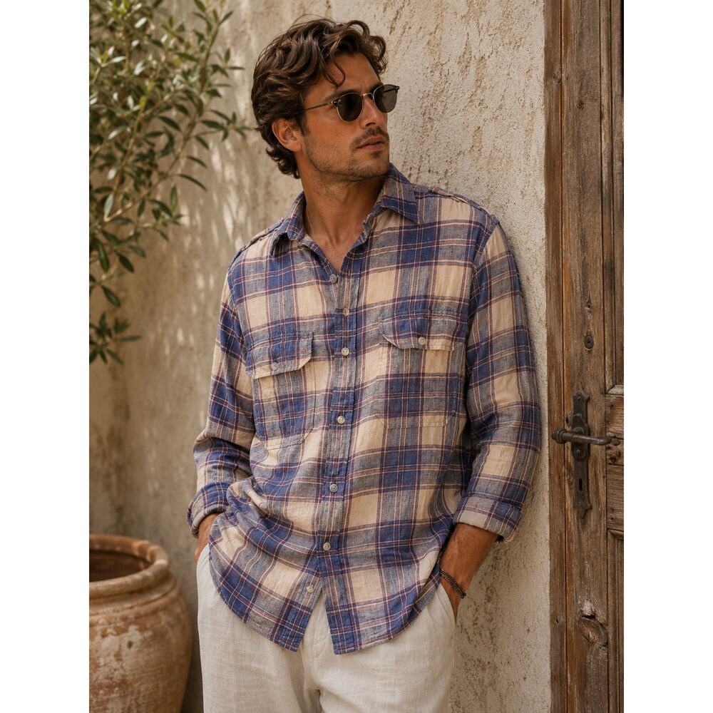 Cremieux 100% Linen Plaid Button Front Shirt Mens Large Blue Tan Casual